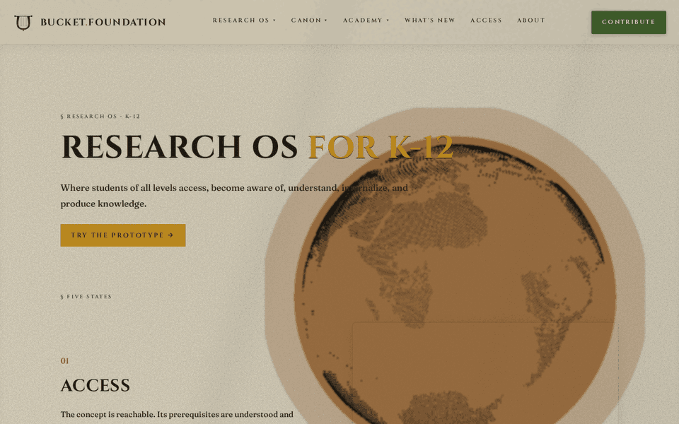 The Research OS for K-12 overview page, reachable to any visitor.