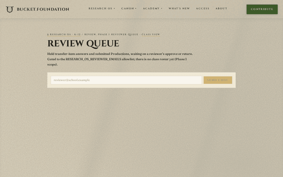 The Research OS teacher review queue, showing its unavailable message with no Supabase configured locally.